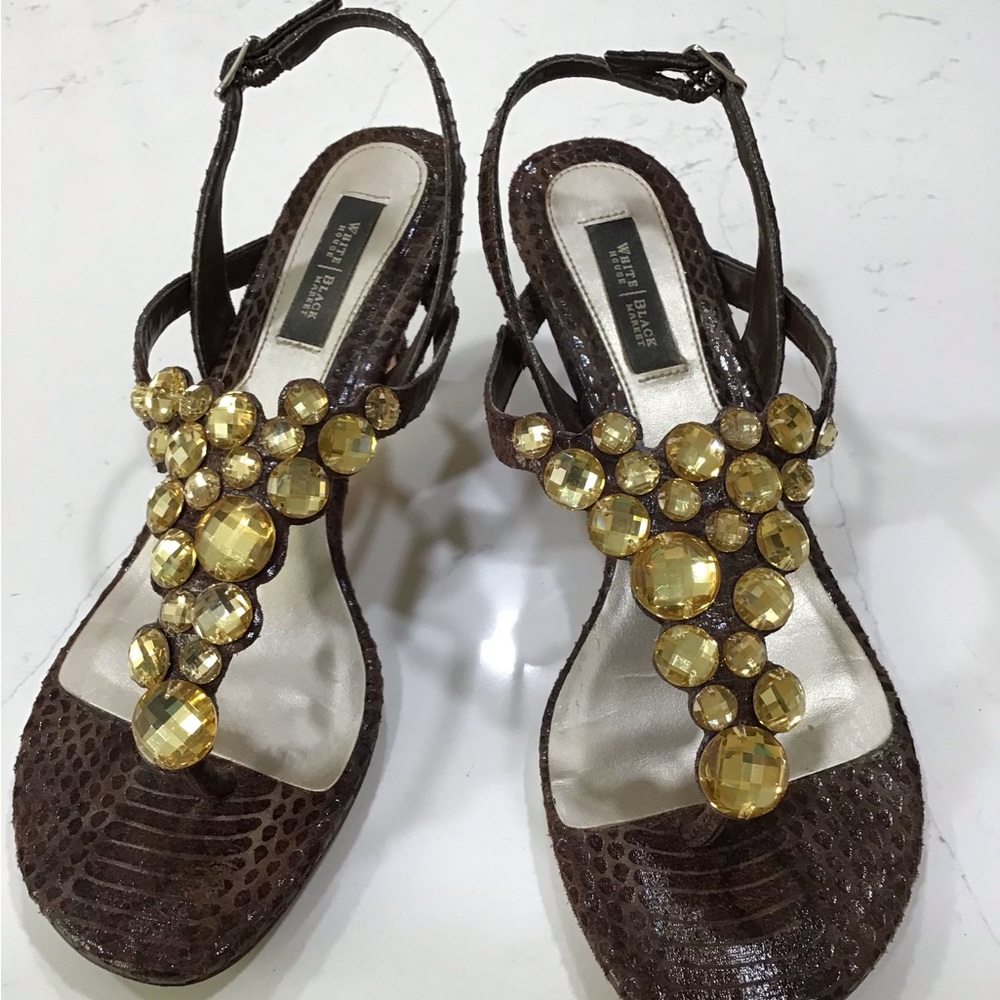 Brown, jeweled kitten heel sandal